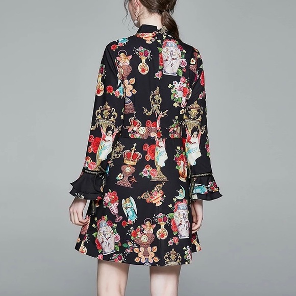 Alomapha | Long Sleeve A-line Contemporary ArtDeco Print Dress - Picture 2 of 4